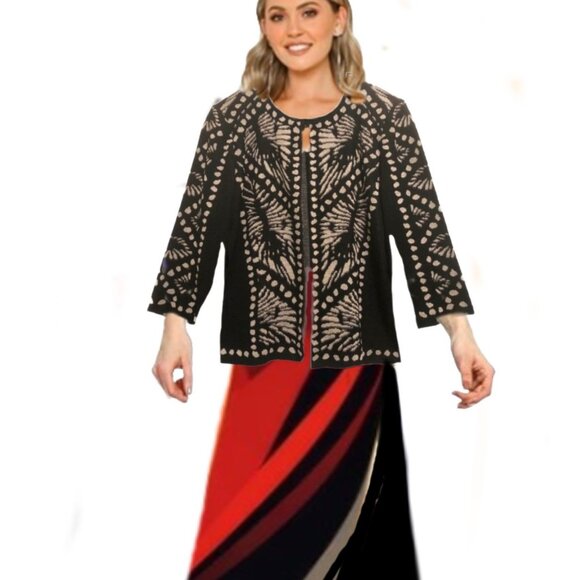 MING WANG Jacquard Premier Knitwear Bracelet Sleeves Jacket Cardigan Sz L - Picture 6 of 6